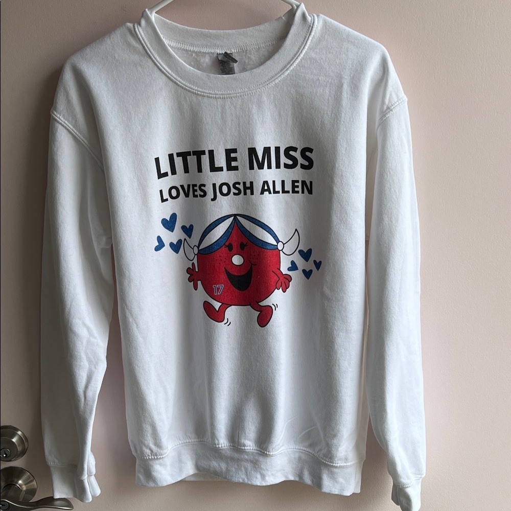 Buffalo Bills themed Gildan White Sweatshirt with Red and Blue Graphic
